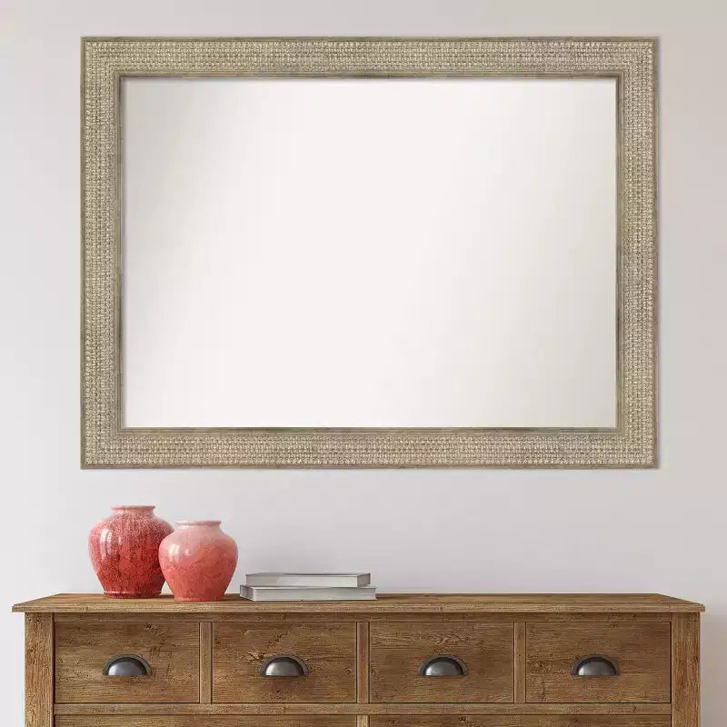 Specchio da parete in legno argentato con motivo a traliccio, senza bordi smussati, 44"x33": design moderno, ferramenta di montaggio inclusa