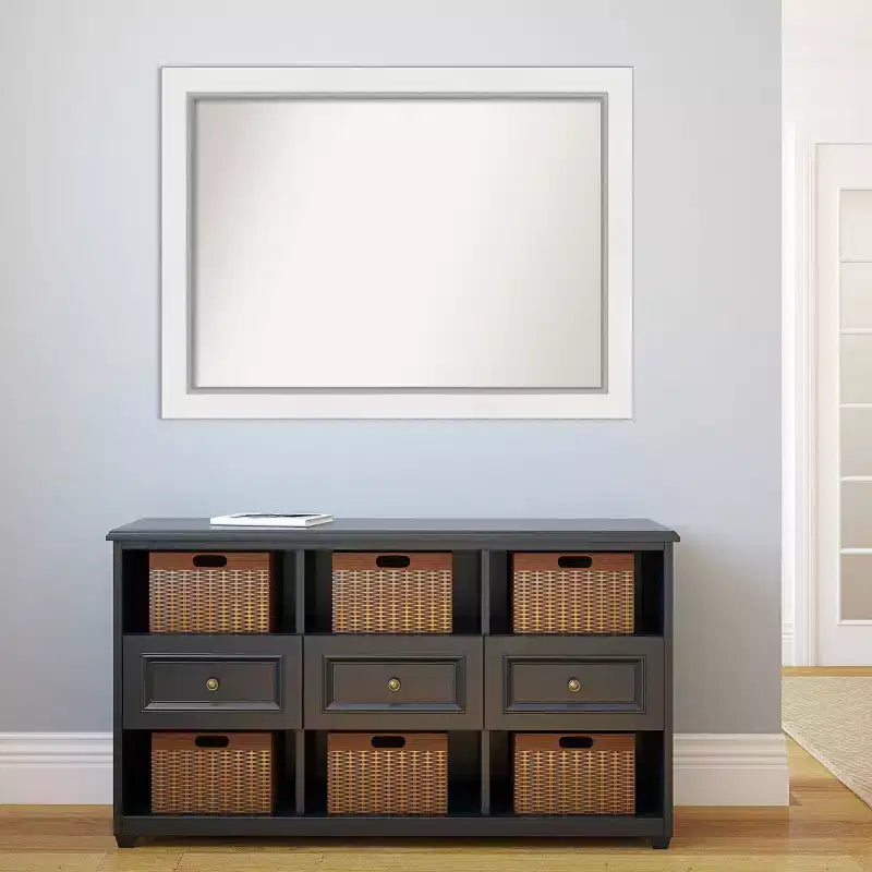 Specchio da parete per bagno Eva non smussato 44" x 33" Bianco: Rettangolare Moderno, Cornice in Polistirene