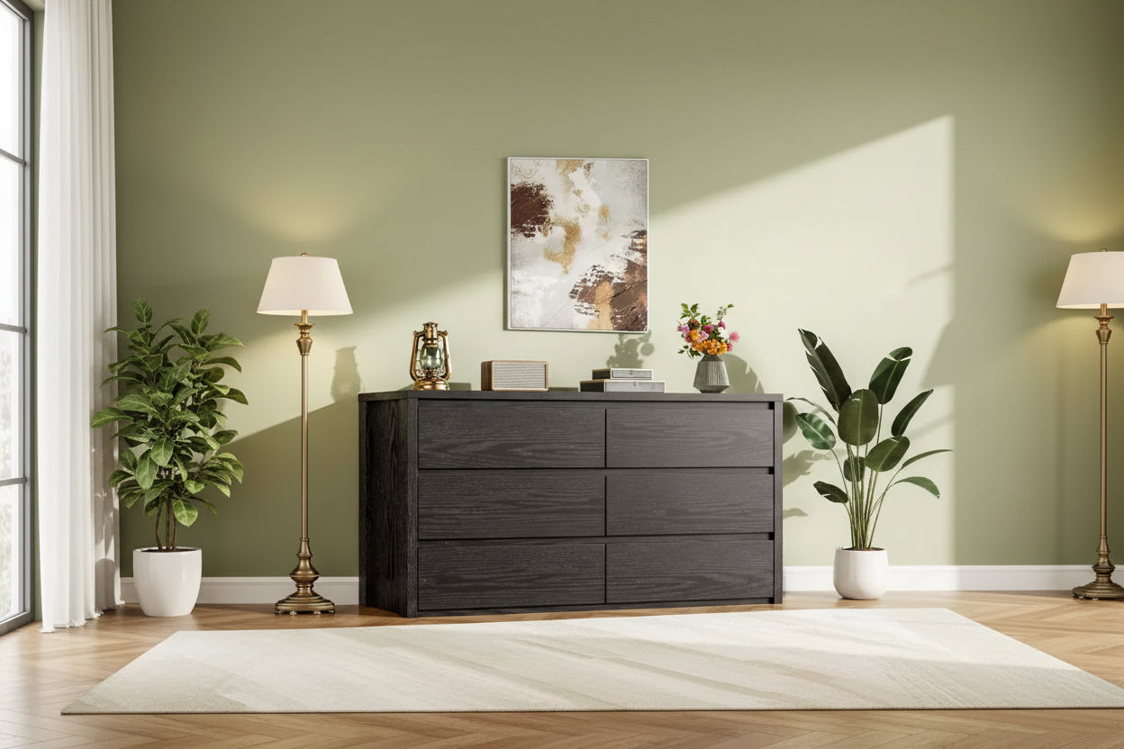 Rustic Farmhouse 6 Dresser for Bedroom,Wooden Drawer Dresser,Handle-Free Storage Cabinet with Drawers for Bedroom, Living Room, with Anti-Tip Safety
