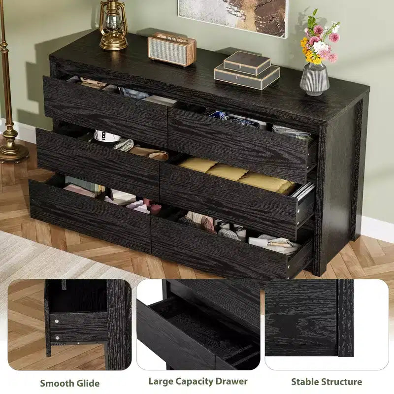 Cassettiera Rustica a 6 cassetti per Camera da Letto, in Legno, Senza Maniglie, Mobile Contenitore con Cassetti per Camera da Letto, Soggiorno, con Sicurezza Antiribaltamento