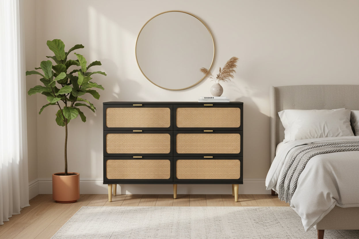 6-Drawer Rattan Storage Dresser (PB Board + Sticker + PE Rattan)