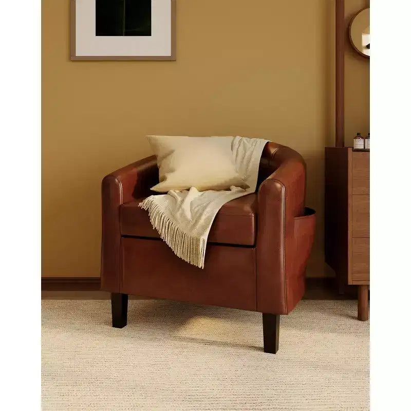 Poltrona a pozzetto, piccola poltrona con braccioli e cuscino in PU, 25x26.8x28, poltrona lounge in similpelle marrone, grigio e nero per spazi compatti
