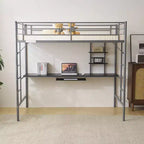 Letto a soppalco matrimoniale in metallo con scrivania e ripiani, 2 scale incorporate