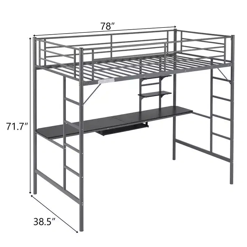 Letto a soppalco matrimoniale in metallo con scrivania e ripiani, 2 scale incorporate