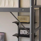 Letto a soppalco matrimoniale in metallo con scrivania e ripiani, 2 scale incorporate