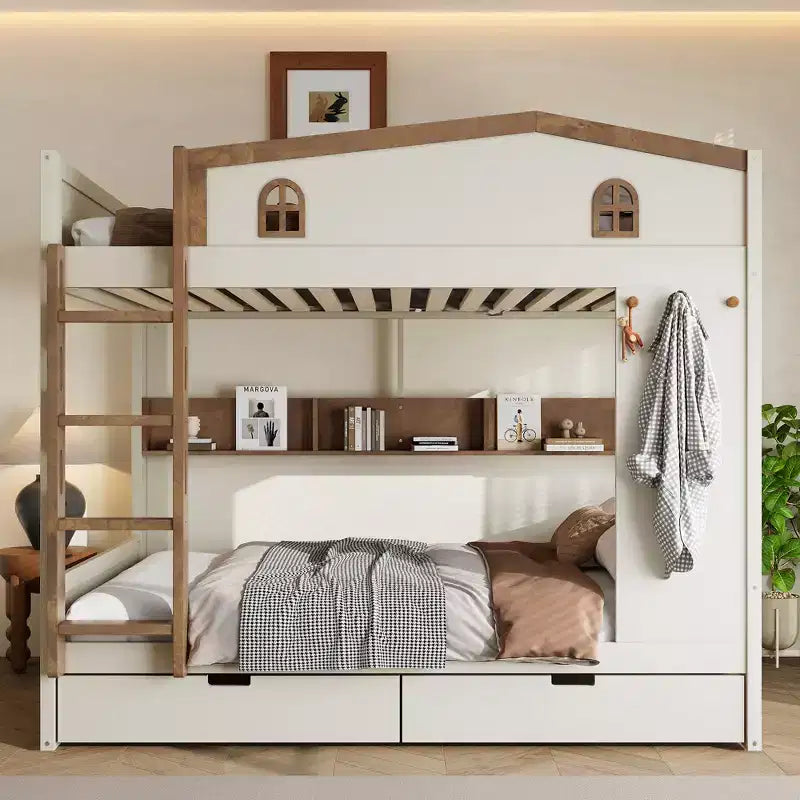 Letto a castello Queen su Queen con cassetti e mensole, struttura in legno massello con ganci, non richiede rete a molle