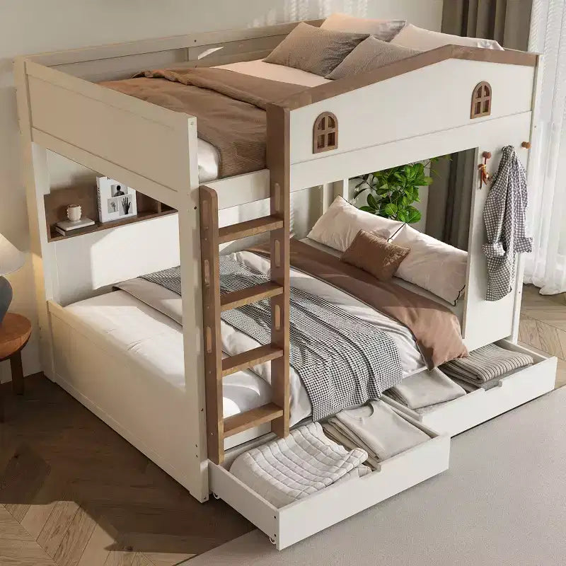 Letto a castello Queen su Queen con cassetti e mensole, struttura in legno massello con ganci, non richiede rete a molle