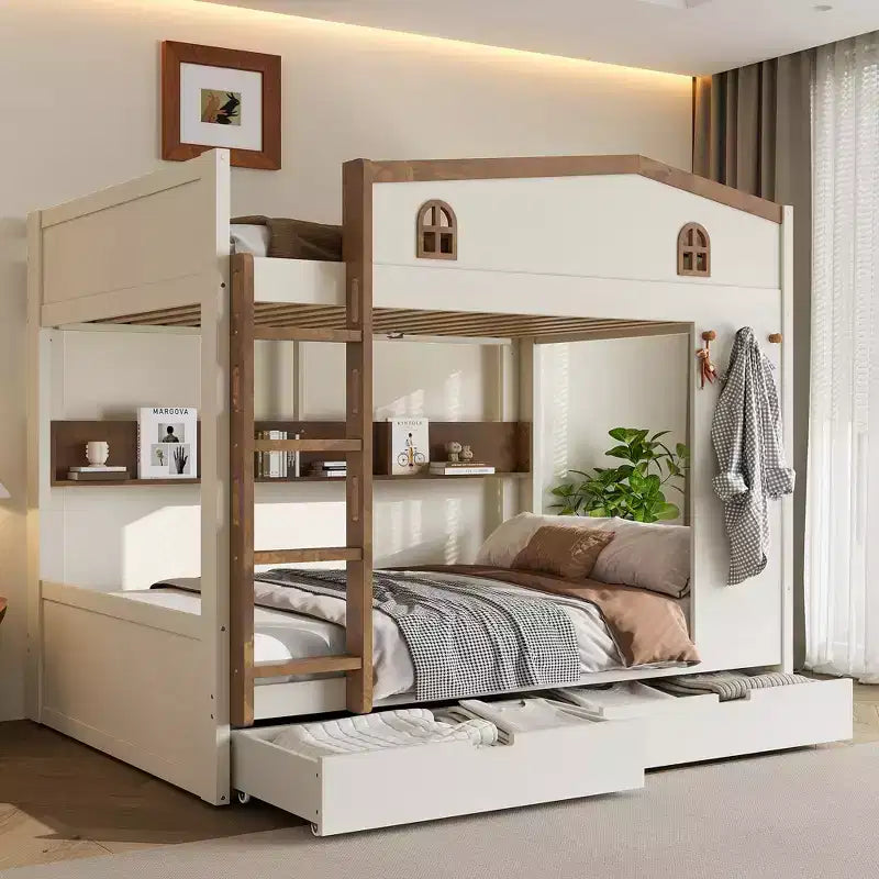 Bellemave Queen over Queen Bunk Bed with Storage Drawers and Shelves, Solid Wood Bunk Bed Frame with Hooks, No Box Spring Needed