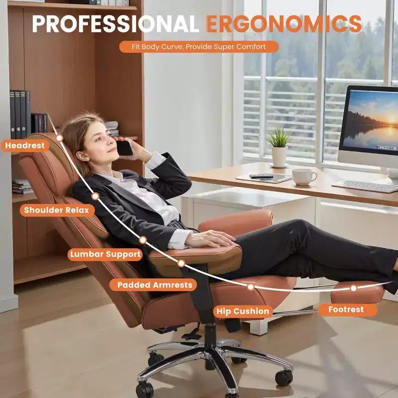 Sedia in pelle grande e alta con poggiapiedi, ampia sedia direzionale ergonomica comoda e con schienale alto e supporto lombare, nera
