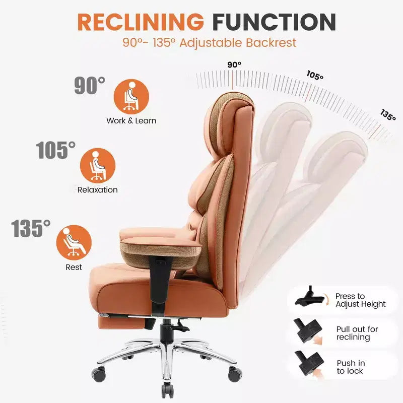 Sedia in pelle grande e alta con poggiapiedi, ampia sedia direzionale ergonomica comoda e con schienale alto e supporto lombare, nera