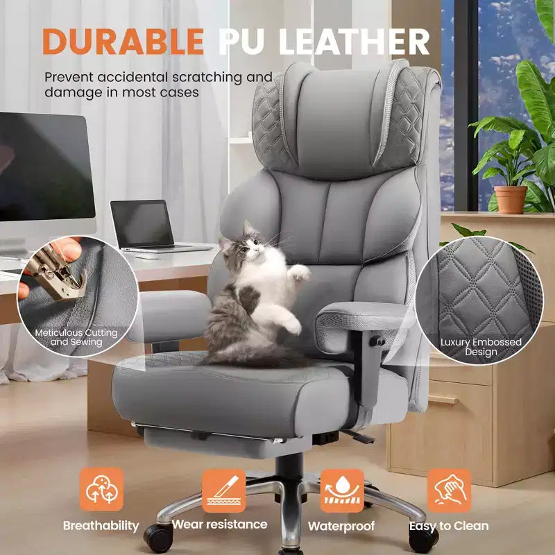 Sedia in pelle grande e alta con poggiapiedi, ampia sedia direzionale ergonomica comoda e con schienale alto e supporto lombare, nera