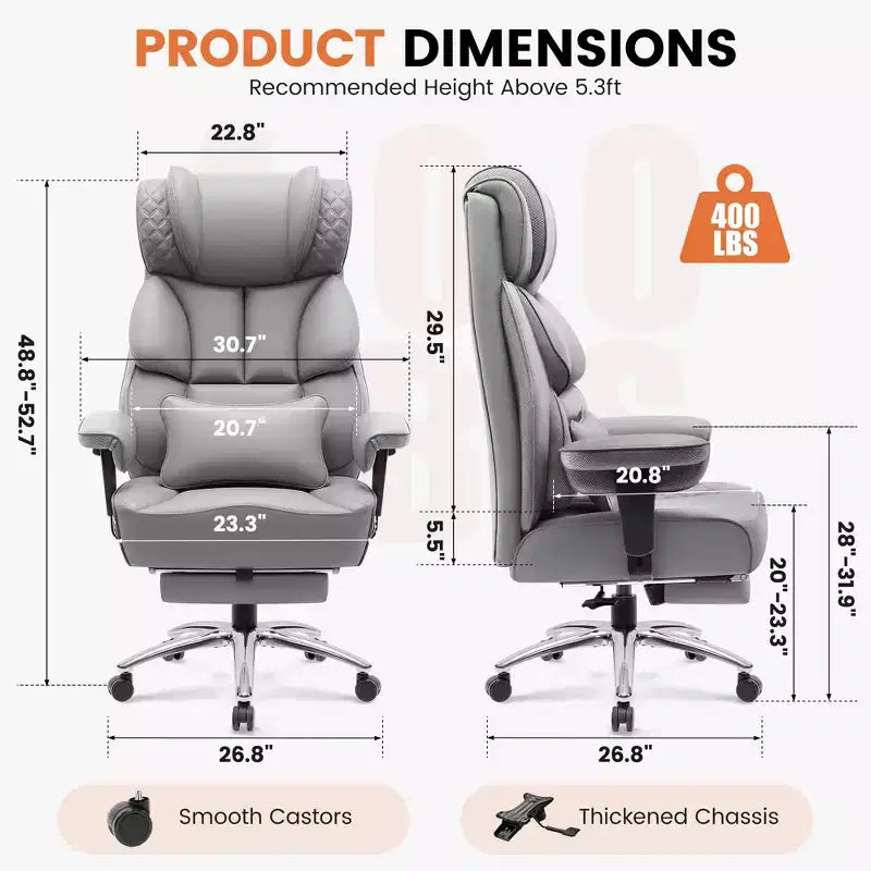 Sedia in pelle grande e alta con poggiapiedi, ampia sedia direzionale ergonomica comoda e con schienale alto e supporto lombare, nera