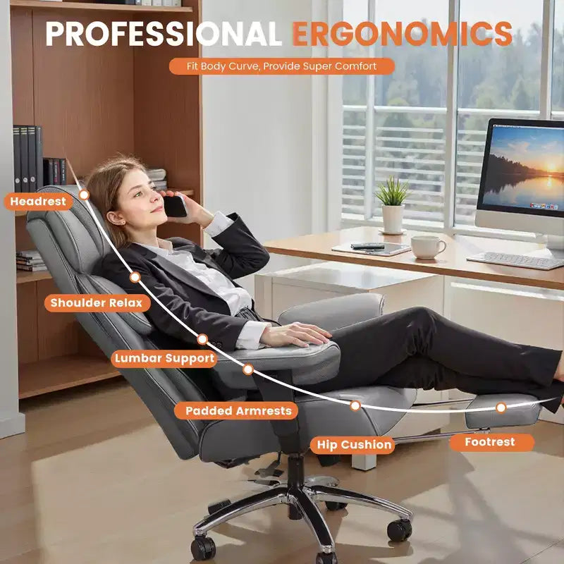Sedia in pelle grande e alta con poggiapiedi, ampia sedia direzionale ergonomica comoda e con schienale alto e supporto lombare, nera