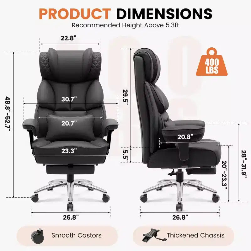 Sedia in pelle grande e alta con poggiapiedi, ampia sedia direzionale ergonomica comoda e con schienale alto e supporto lombare, nera