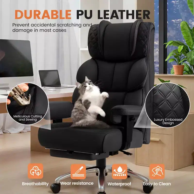 Sedia in pelle grande e alta con poggiapiedi, ampia sedia direzionale ergonomica comoda e con schienale alto e supporto lombare, nera