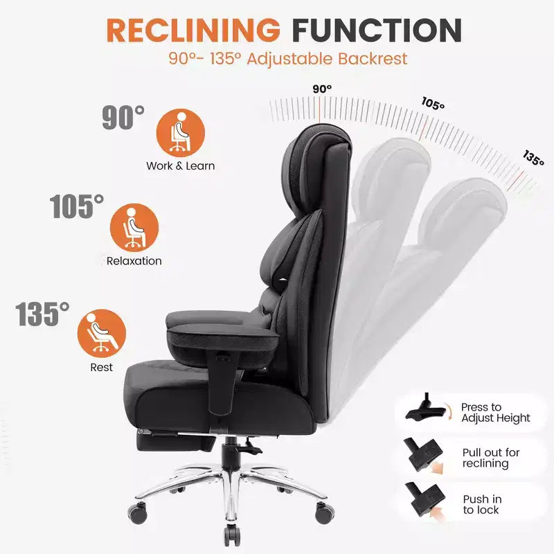 Sedia in pelle grande e alta con poggiapiedi, ampia sedia direzionale ergonomica comoda e con schienale alto e supporto lombare, nera