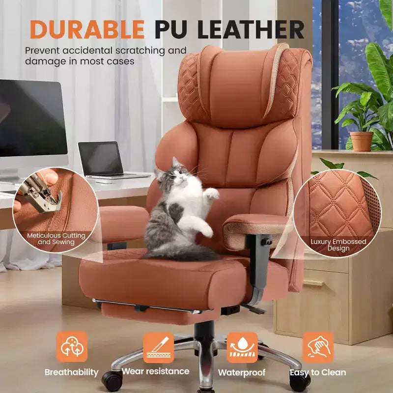 Sedia in pelle grande e alta con poggiapiedi, ampia sedia direzionale ergonomica comoda e con schienale alto e supporto lombare, nera