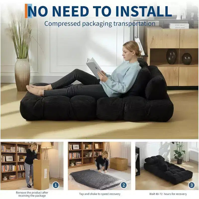 Divano Letto Pieghevole Singolo & Poltrona Letto con Cuscino, Supporto Materasso Portatile per Soggiorno, Camera da Letto, Dormitorio, Appartamento Nero