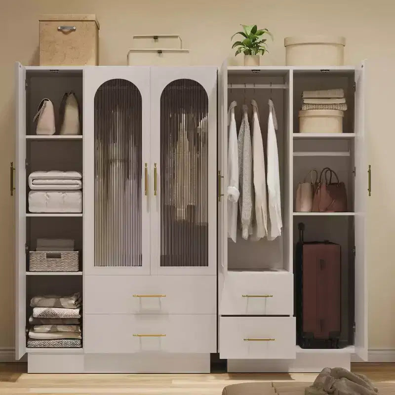 Mobile Contenitore a 2 Ante con Anta in Vetro, Armadietto Organizer Moderno in Legno con Aste Appendine e 2 Cassetti, Armadio Contenitore Alto