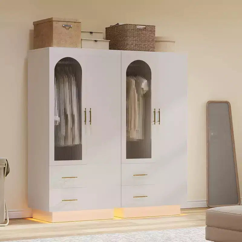 Mobile Contenitore a 2 Ante con Anta in Vetro, Armadietto Organizer Moderno in Legno con Aste Appendine e 2 Cassetti, Armadio Contenitore Alto