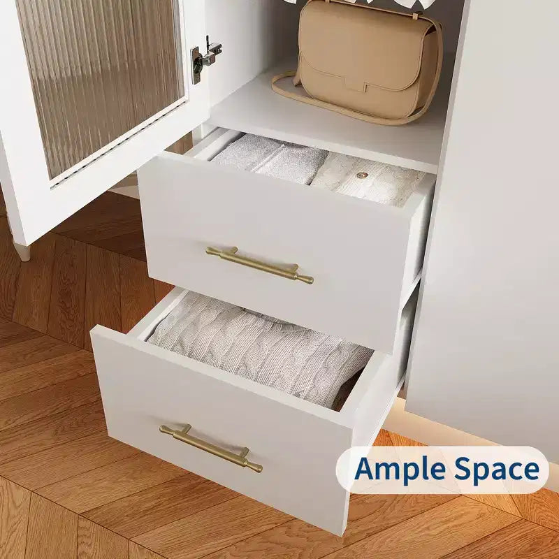 Mobile Contenitore a 2 Ante con Anta in Vetro, Armadietto Organizer Moderno in Legno con Aste Appendine e 2 Cassetti, Armadio Contenitore Alto