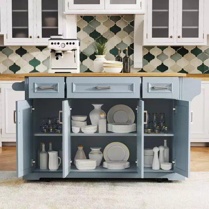 Isola da Cucina Gaius 54 con Piano Ribaltabile in Legno di Gomma, Ruote, 4 Ante e 3 Cassetti