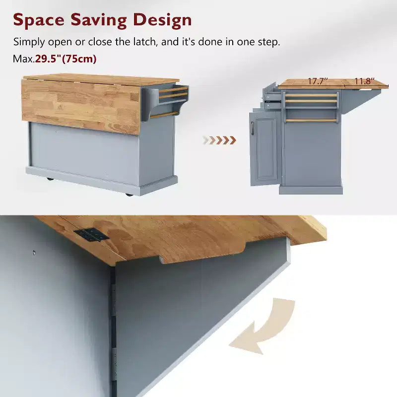 Isola da Cucina Gaius 54 con Piano Ribaltabile in Legno di Gomma, Ruote, 4 Ante e 3 Cassetti