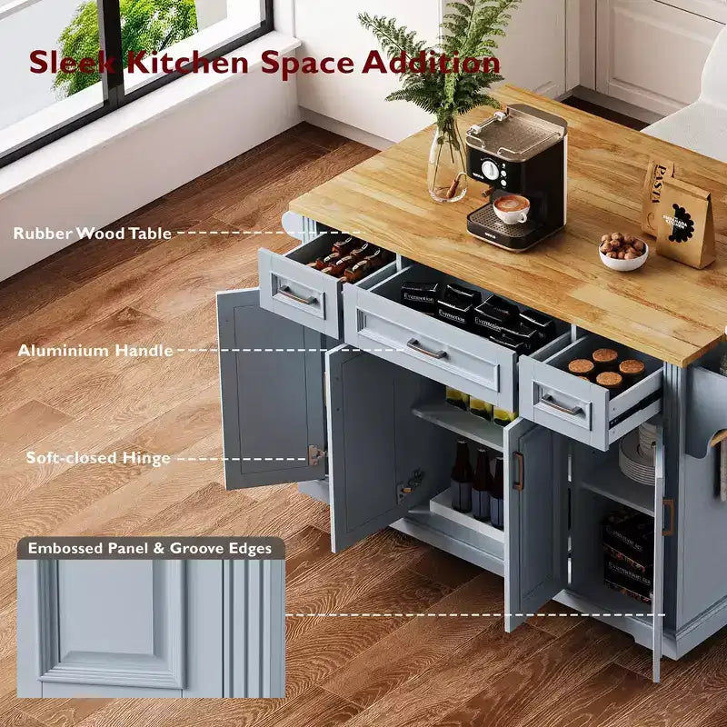 Isola da Cucina Gaius 54 con Piano Ribaltabile in Legno di Gomma, Ruote, 4 Ante e 3 Cassetti