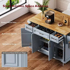 Isola da Cucina Gaius 54 con Piano Ribaltabile in Legno di Gomma, Ruote, 4 Ante e 3 Cassetti