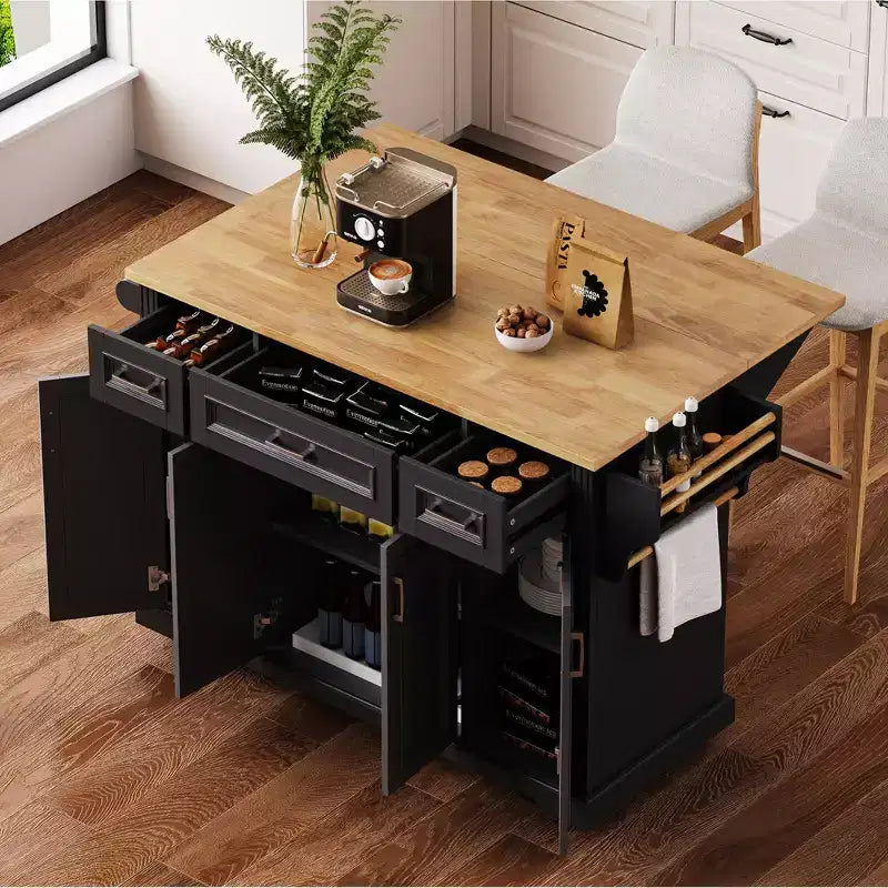 Isola da Cucina Gaius 54 con Piano Ribaltabile in Legno di Gomma, Ruote, 4 Ante e 3 Cassetti