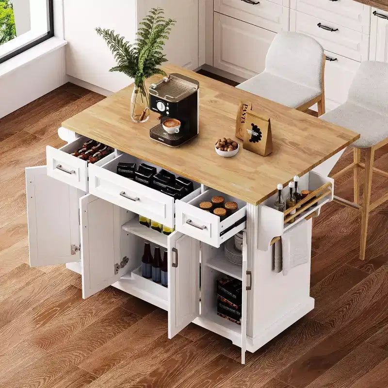 Isola da Cucina Gaius 54 con Piano Ribaltabile in Legno di Gomma, Ruote, 4 Ante e 3 Cassetti