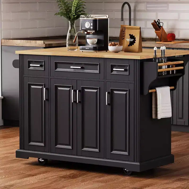GDFStudio Gaius 54 Kitchen Island with Rubber Wood Drop Leaf, Wheels, 4 Doors and 3 Drawers