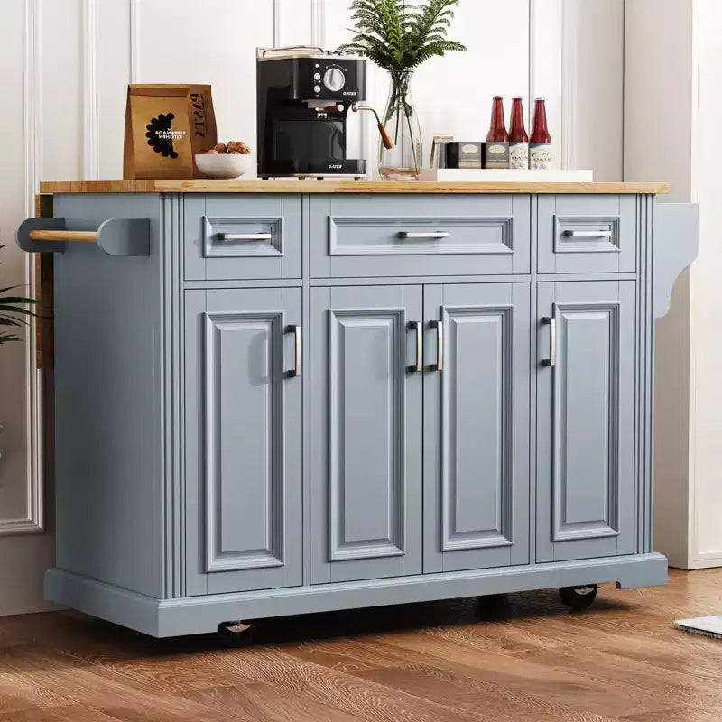 Isola da Cucina Gaius 54 con Piano Ribaltabile in Legno di Gomma, Ruote, 4 Ante e 3 Cassetti