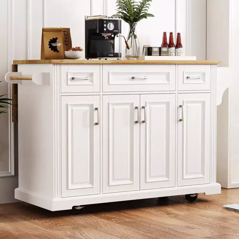 Isola da Cucina Gaius 54 con Piano Ribaltabile in Legno di Gomma, Ruote, 4 Ante e 3 Cassetti