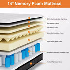 Materasso Queen da 14 Pollici, Materasso Ibrido in Memory Gel in Scatola, Supporto a Molle Insacchettate con Isolamento dal Movimento e Scarico della Pressione, Rigidità Media, CertiPUR-US