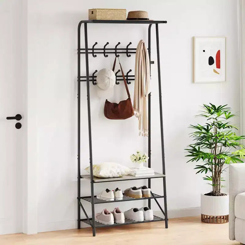Appendiabiti da Ingresso Industriale con Ganci Doppi, Panca Porta Scarpe e Mensola Superiore, Robusto Appendiabiti con Panca in Metallo