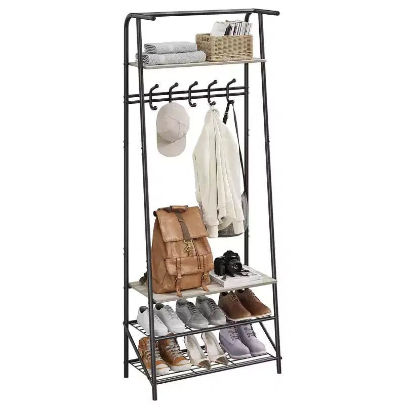 Appendiabiti da Ingresso Industriale con Ganci Doppi, Panca Porta Scarpe e Mensola Superiore, Robusto Appendiabiti con Panca in Metallo