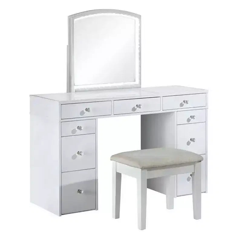 Set Toeletta 3 Pezzi Bianca Con Specchio Led E Sgabello Imbottito Beige