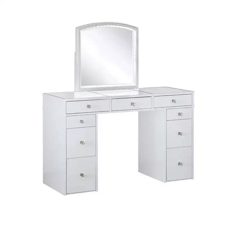 Set Toeletta 3 Pezzi Bianca Con Specchio Led E Sgabello Imbottito Beige