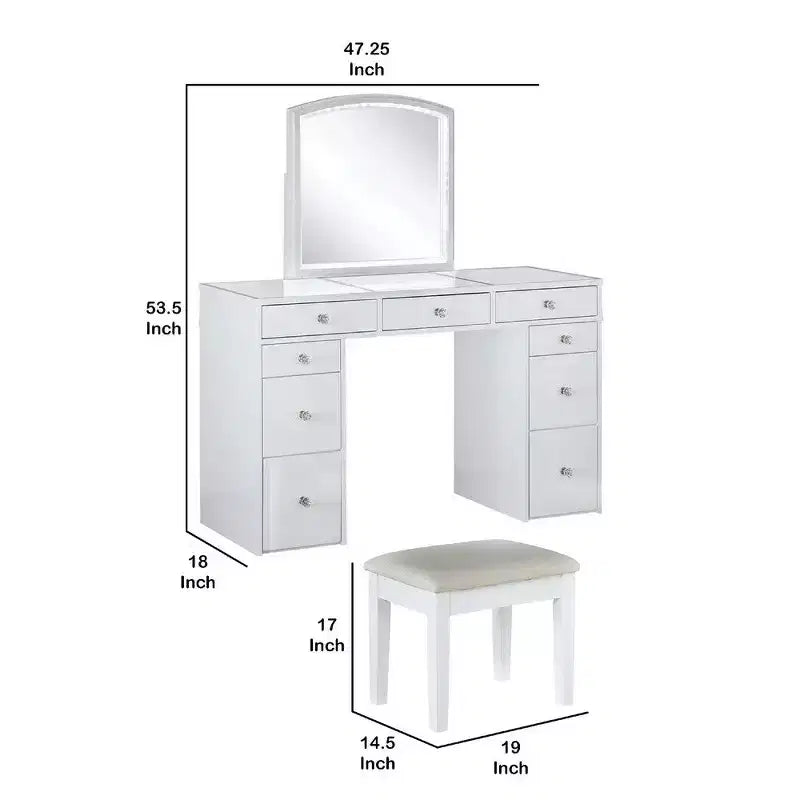 Set Toeletta 3 Pezzi Bianca Con Specchio Led E Sgabello Imbottito Beige