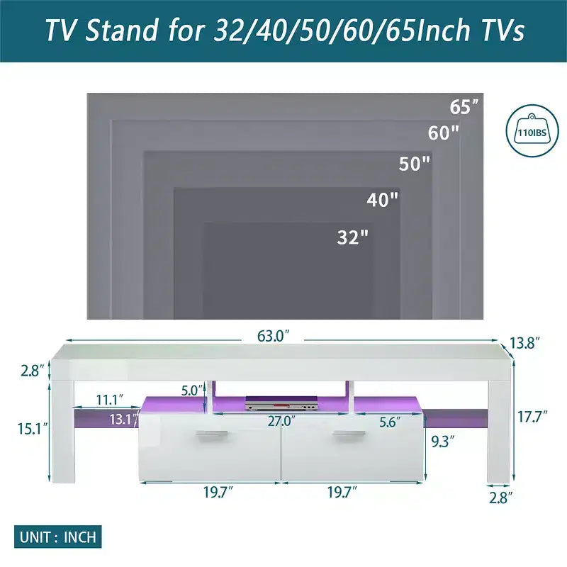 Mobile TV con Striscia LED, Armadietti e Ripiani aperti, Mobile TV con Due Cassetti Bianco per Soggiorno o Camera da Letra