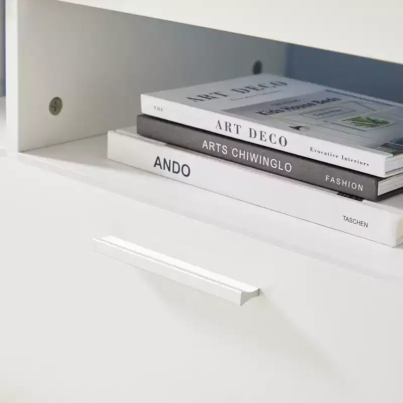 Mobile TV con Striscia LED, Armadietti e Ripiani aperti, Mobile TV con Due Cassetti Bianco per Soggiorno o Camera da Letra