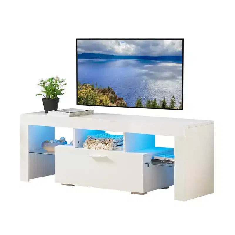 Mobile TV con Striscia LED, Armadietti e Ripiani aperti, Mobile TV con Due Cassetti Bianco per Soggiorno o Camera da Letra