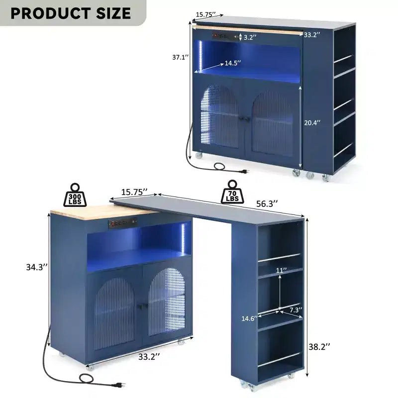 Isola da Cucina Mobile Paolo con Tavolo Rimovibile e Armadietto, Luce LED e Presa di Corrente