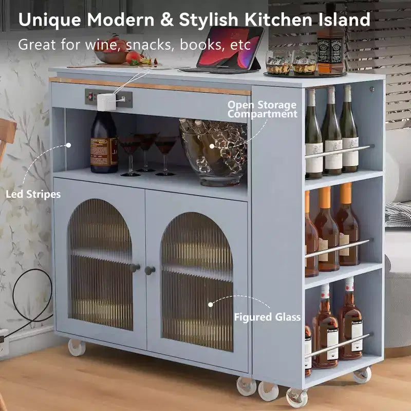 Isola da Cucina Mobile Paolo con Tavolo Rimovibile e Armadietto, Luce LED e Presa di Corrente