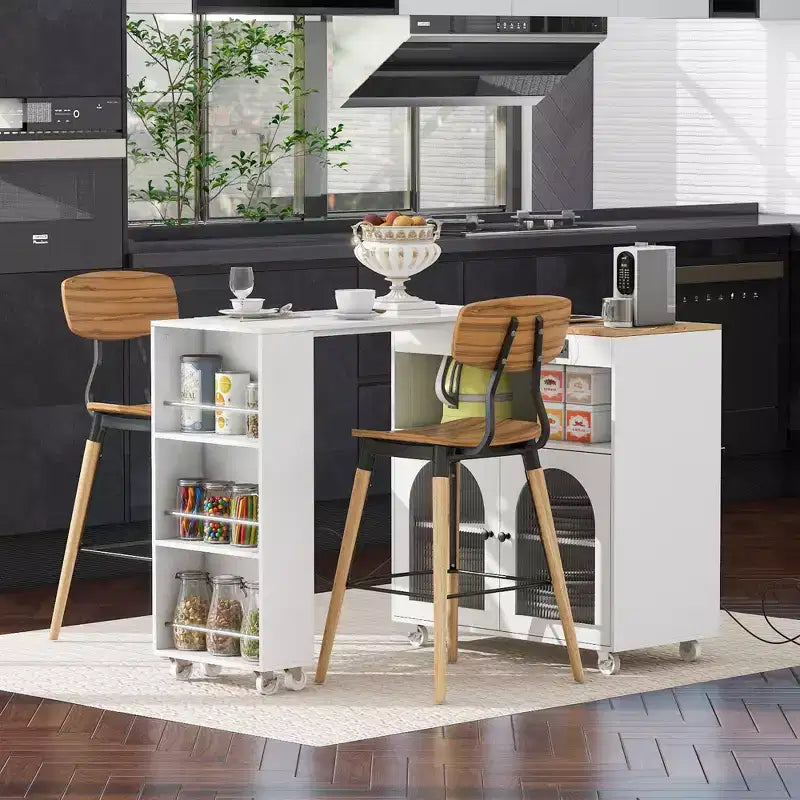 Isola da Cucina Mobile Paolo con Tavolo Rimovibile e Armadietto, Luce LED e Presa di Corrente