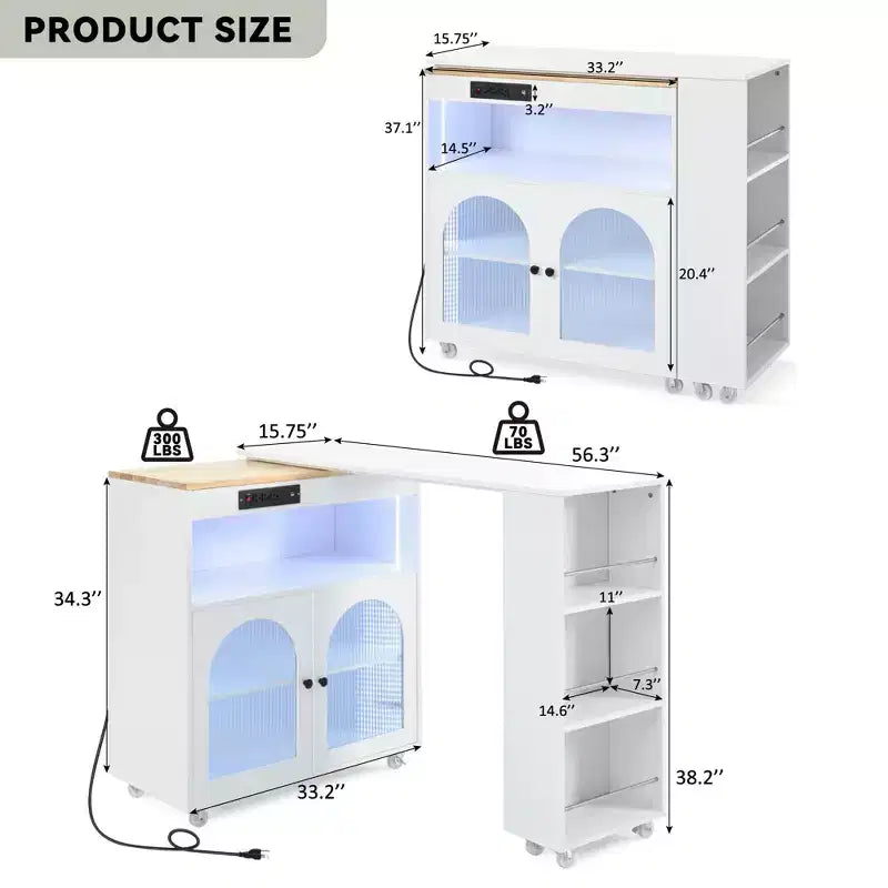 Isola da Cucina Mobile Paolo con Tavolo Rimovibile e Armadietto, Luce LED e Presa di Corrente
