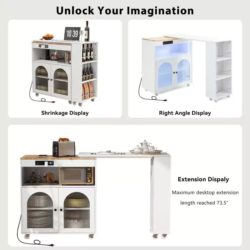 Isola da Cucina Mobile Paolo con Tavolo Rimovibile e Armadietto, Luce LED e Presa di Corrente