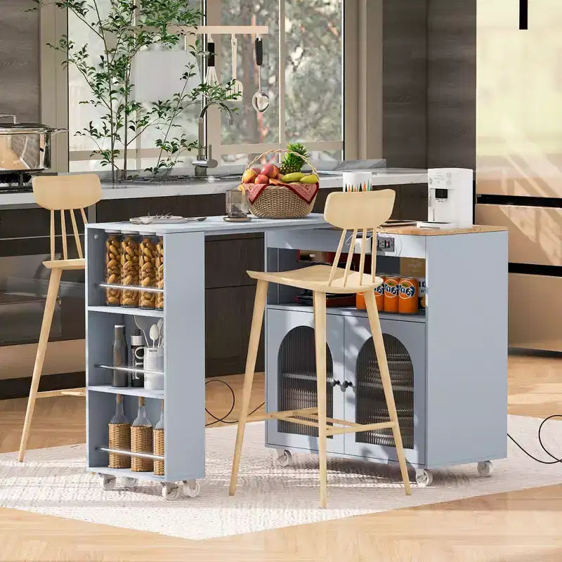 Isola da Cucina Mobile Paolo con Tavolo Rimovibile e Armadietto, Luce LED e Presa di Corrente