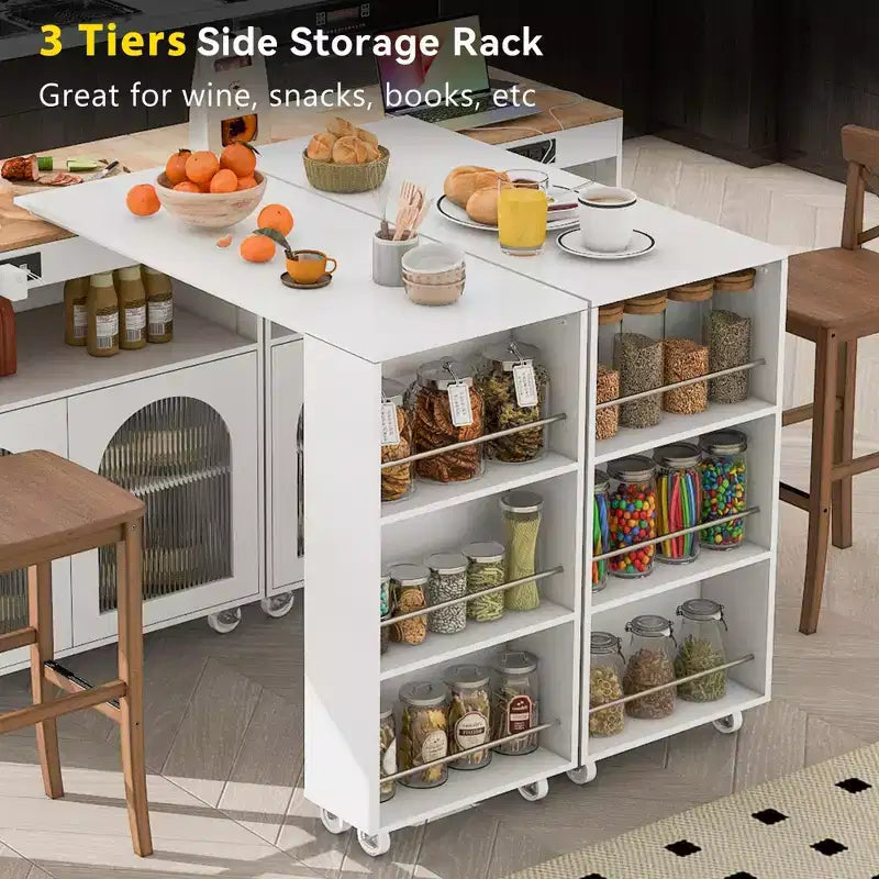 Isola da Cucina Mobile Paolo con Tavolo Rimovibile e Armadietto, Luce LED e Presa di Corrente